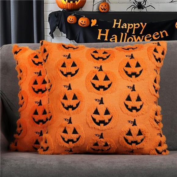 Set of 2 Halloween Pumpkin Decorative Pillow Covers, Orange, 18x18